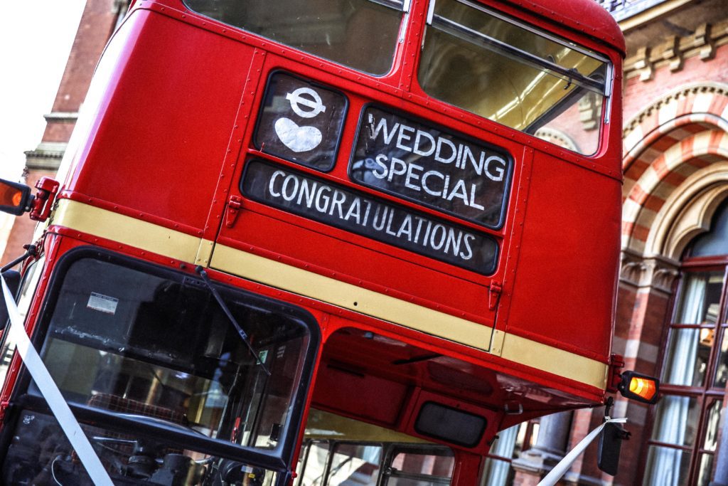 London wedding bus guests travel on board
