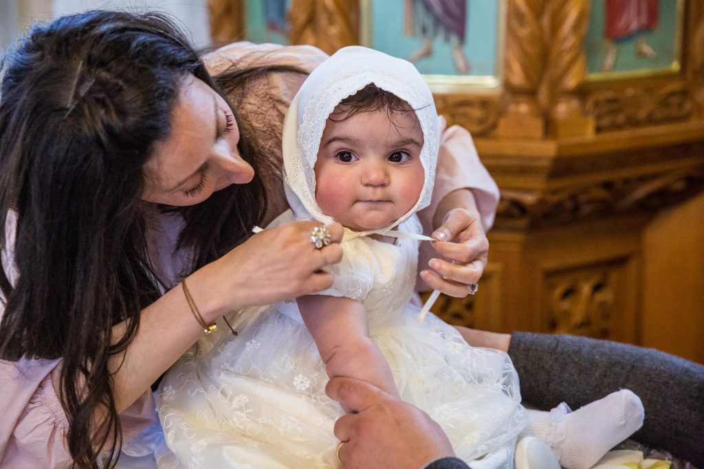Baby girl Greek christening photographer, twelve apostles church, brookmans Park, Hertfordshire