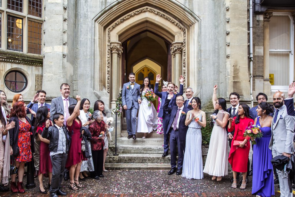 bride and groom outside registry office, hertfordshire wedding photographer