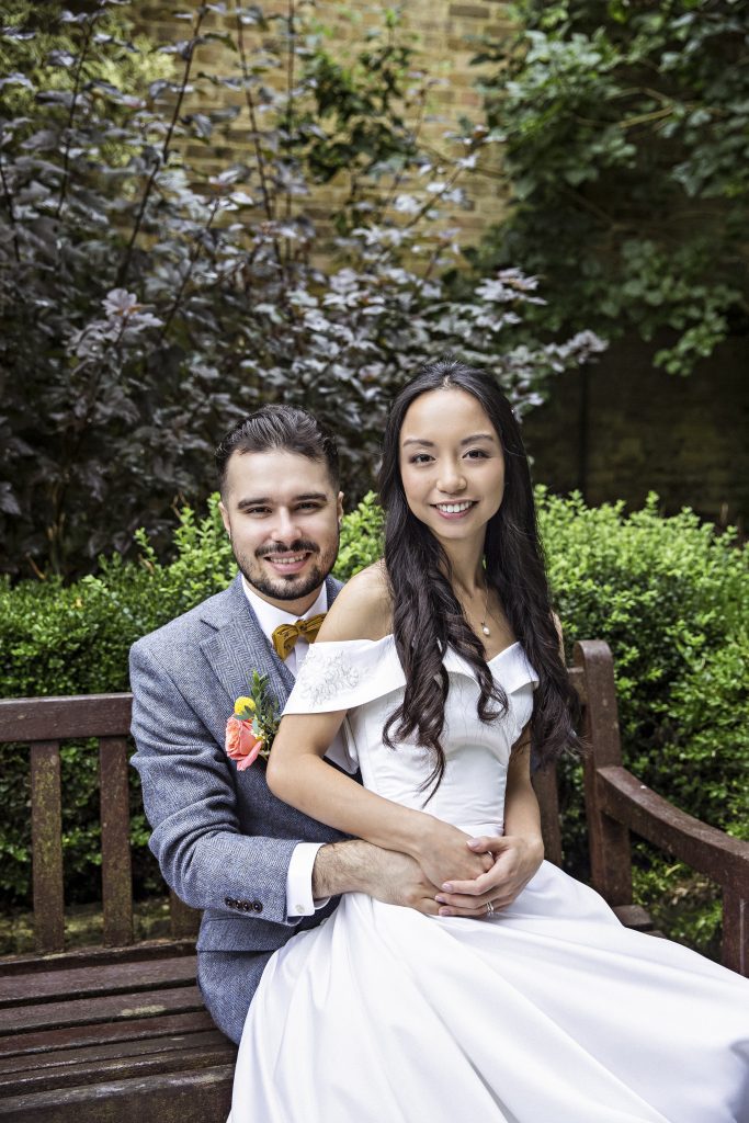 bride and groom in gardens cheshunt registry office weddings