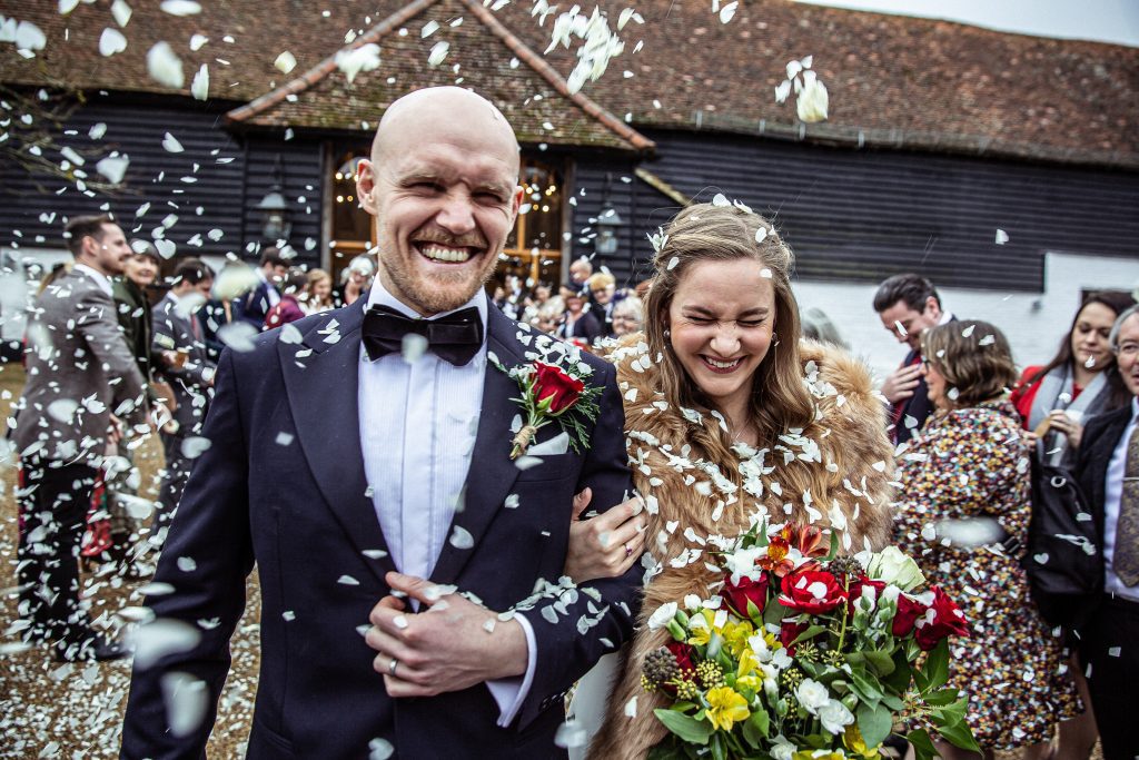 confetti shot, barns at Alswick, Hertfordshire wedding photographer