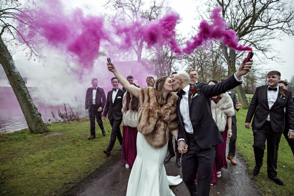 smoke bombs wedding photography, The barns at Alswick