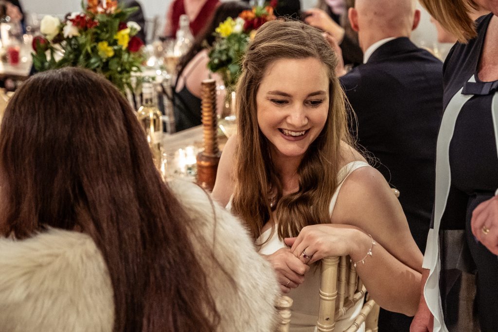 bride at wedding breakfast, The barns at Alswick