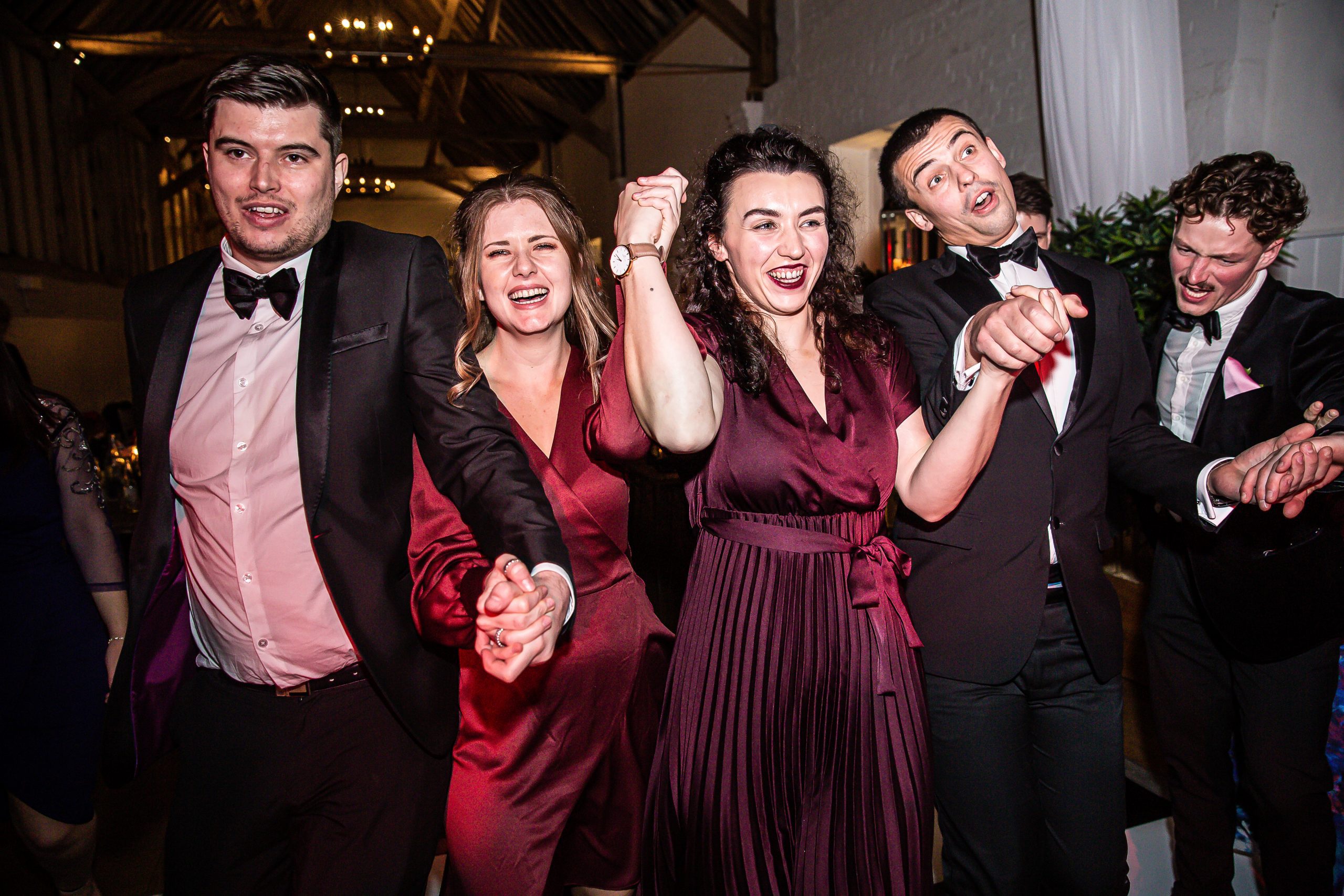 guests dancing, The barns at Alswick, wedding photographer Hertfordshire