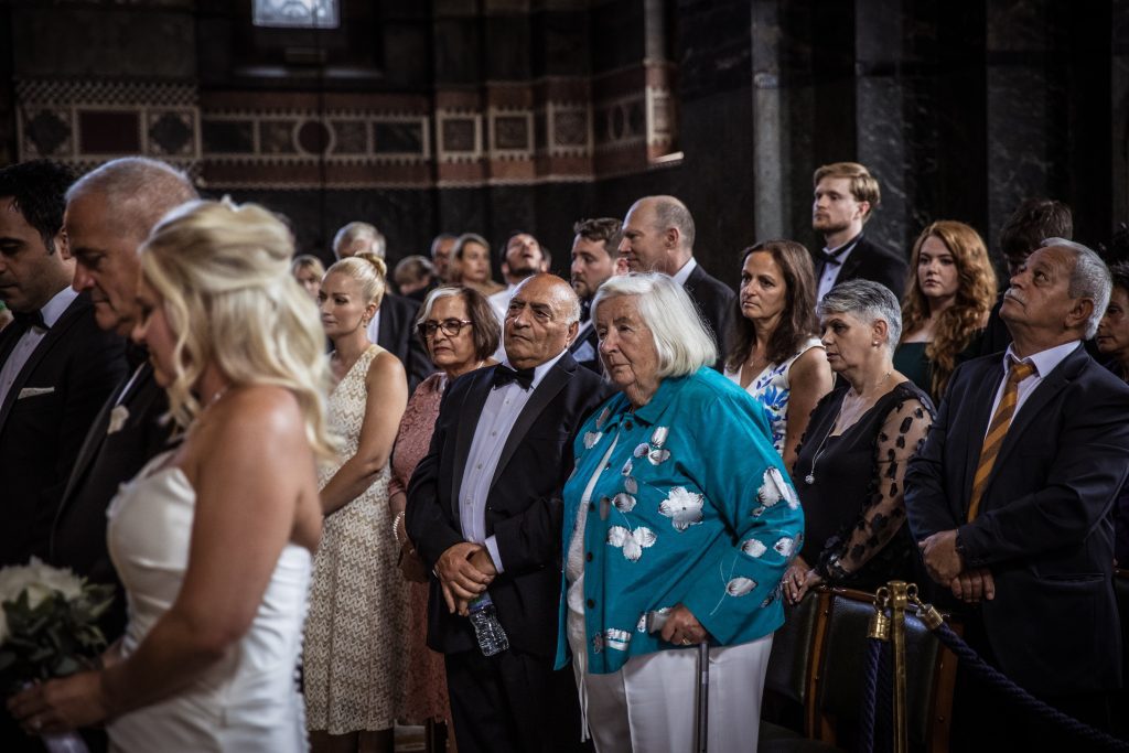 The grooms parents at a greek orthodox wedding at St Sophia, Moscow Road, London