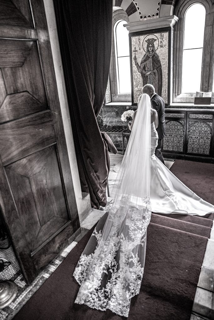 A beautiful lace veil at a greek orthodox wedding at St Sophia, Moscow Road in London