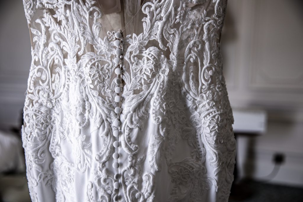 lace detail on wedding dress at The Savoy hotel