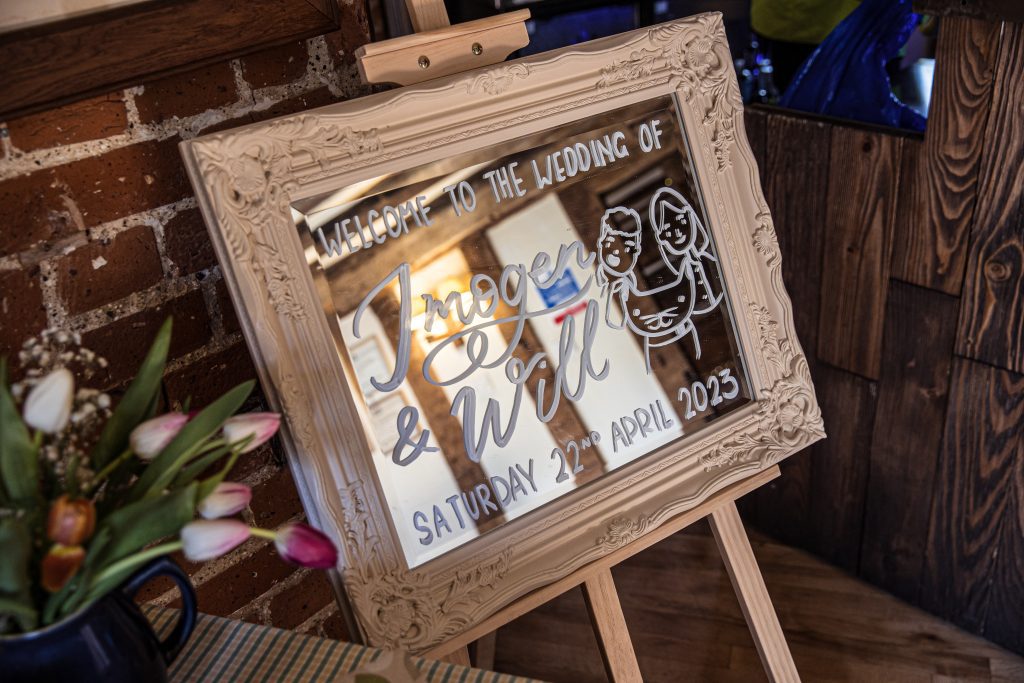 a welcome sign to a wedding ceremony at the Barley Townhouse, Royston