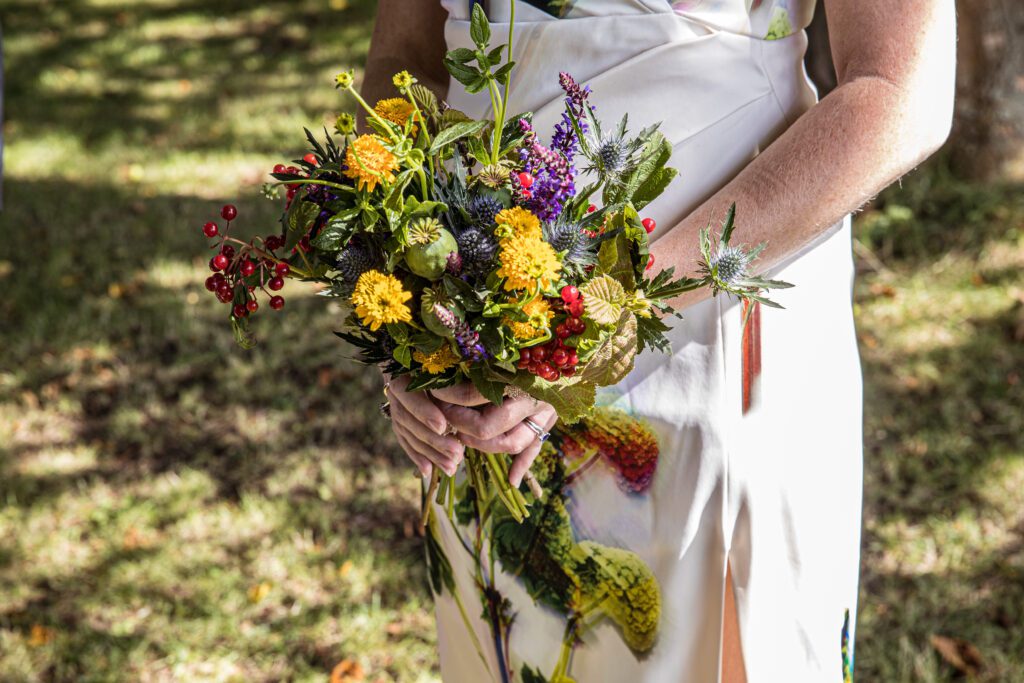 summer wedding bouquet in a hertfordshire garden