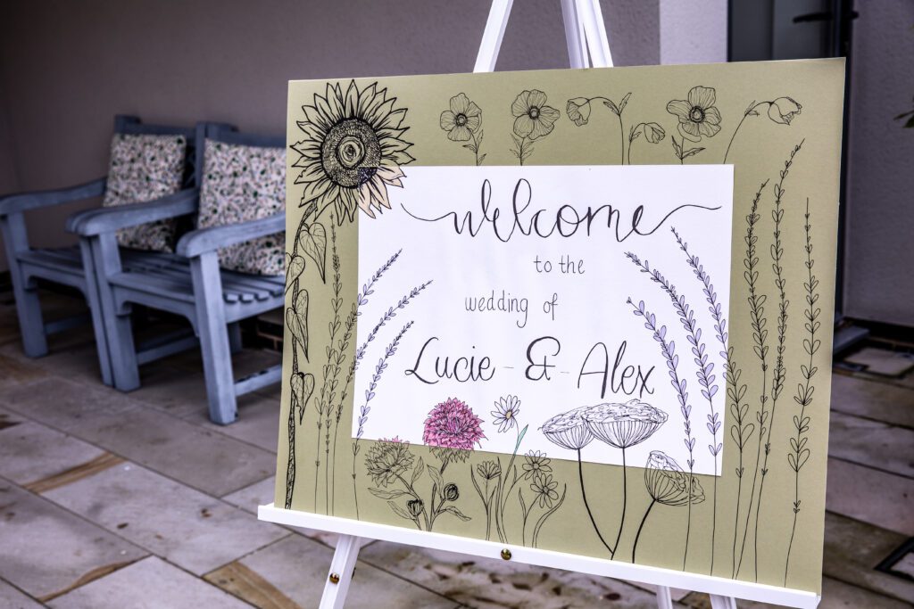 a wedding welcome sign at home in hertfordshire