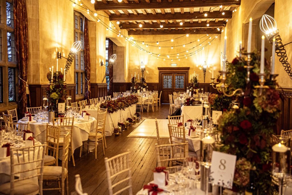 the room set up at Fanhams Hall for a winter wedding reception.